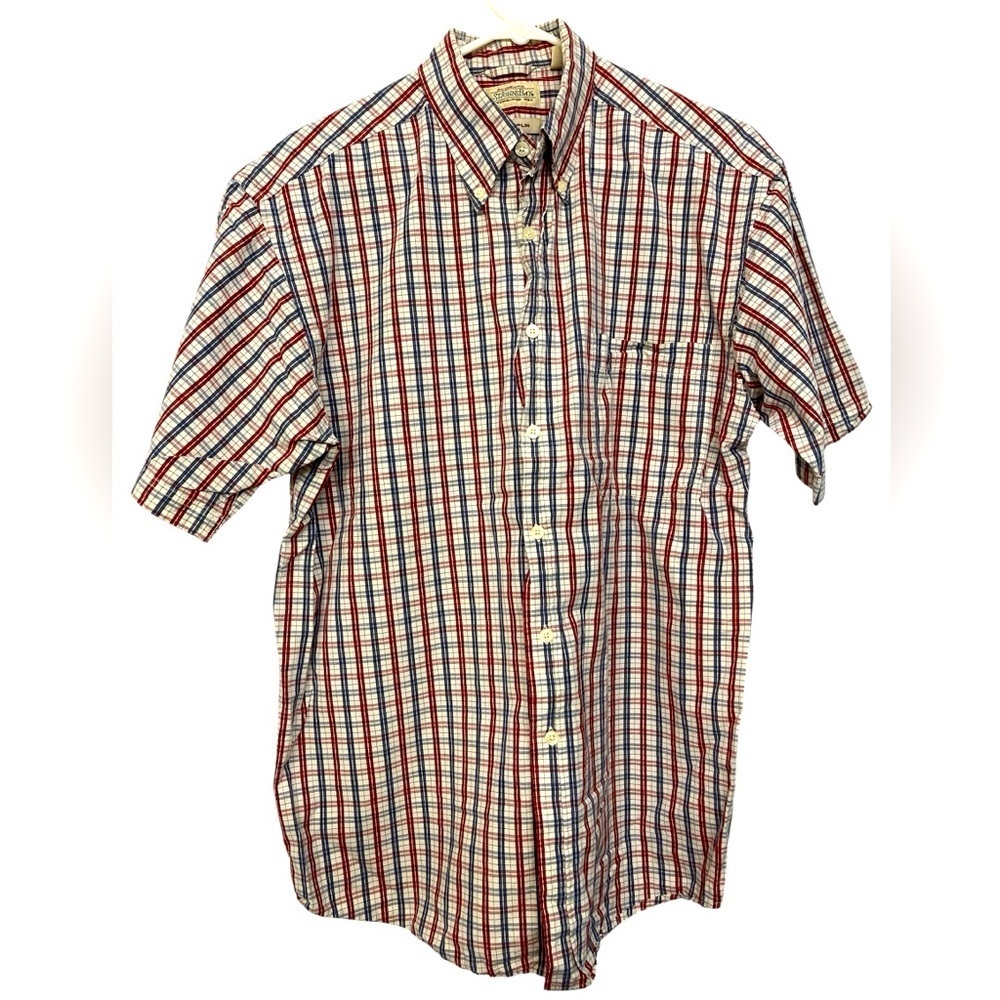 St John’s Bay Red Blue Off-White Plaid Short Sleeve, Men’s Size M